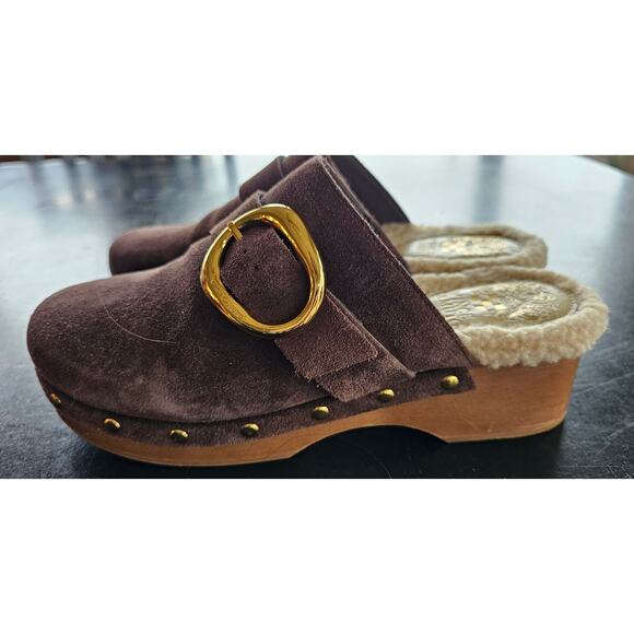 Vince Camuto Faux Fur Fleece‎ Mules Canzenee Clog Women Size 6.5 Brown Leather - Picture 1 of 8